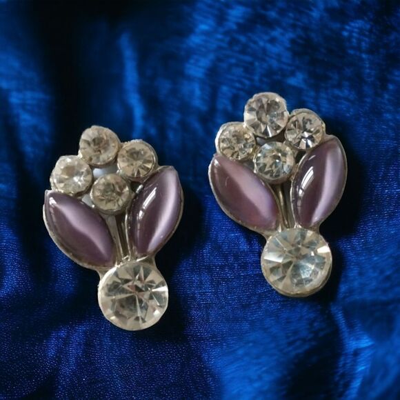 Victorian Rhinestone Earrings Purple Art Deco Lavender Screw Back Silver Tone - Picture 12 of 15
